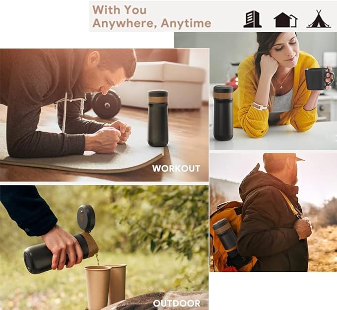 Sesama Classic Portable French Press Coffee Mug 12 oz with Carry Loop, Stainless Steel French Press Coffee Maker, BPA Great for Camping and Travel