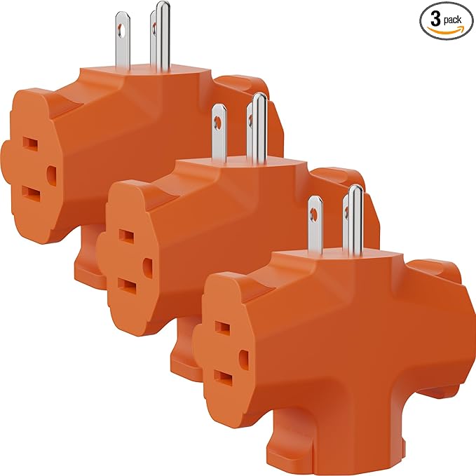 PLUGTUL 3 Way Plug Adapter, 3 Plug Wall Adapter, 3 Prong, Grounded, 15A, 1875W, Multiple Plug Expander for Home, Outdoor, ETL Listed, Orange, 3PACK