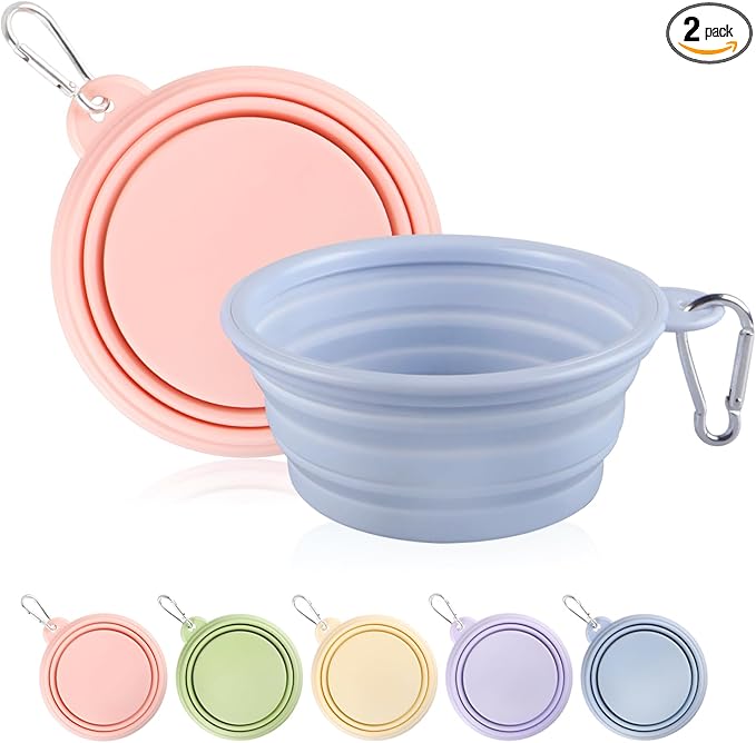 Collapsible Dog Bowls 2-Pack, Portable Travel Dog Bowl with Carabiner, Food-Grade Silicone Pet Bowl for Hiking, Walking(Macaron Pink and Blue)