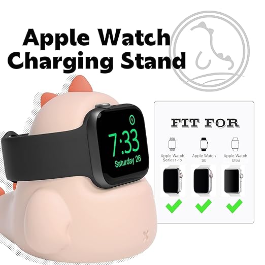 ELETIUO Charger Stand Compatible with Apple Watch Series Ultra2/Ultra/10/9/8/SE2/7/6/SE/5/4/3/2/1 (49/46/45/44/42/41/40/38mm),Dinosaur iWatch Charging Dock,Supports Nightstand Mode,Pink