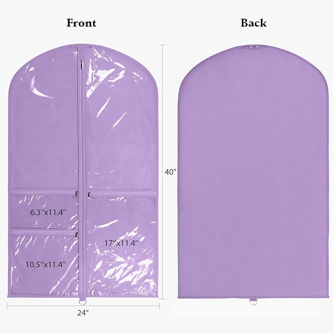 Univivi Dance Costume Bags Garment Bag 40 Inch Hanging Clothes for Dance Competitions, with 3 Medium Clear Zipper Pockets for Dance Costumes, Closet Storage (Purple) - 4 Pack