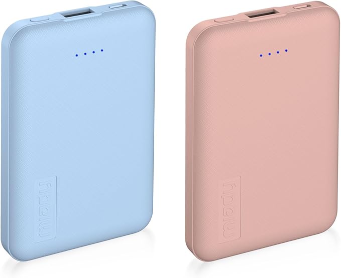 Miady 2-Pack 5000mAh Mini Portable Charger, 5V 2.4A USB-C Output Fast Charging Battery Pack Travel Small Power Bank Compatible with iPhone 16/15 Galaxy S24/S22 iPad Android etc (Cream Blue+ Pink)