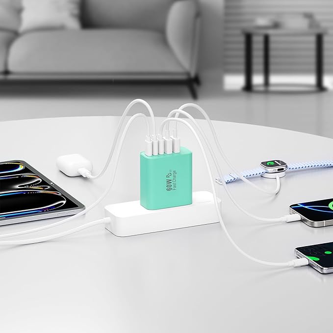 USB C Charger Block, 60W 5-Port Type C Charger Fast Charging Block, USBC USB Multiple Port Wall Charger Plug Adapter for iPhone 17/Air/16/15/14/13/12/11 Pro Max, Samsung Galaxy, iPad, Tablet (Green)