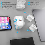 Ceptics Brazil Power Plug Adapter Travel Set, 20W PD & QC, Safe Dual USB & USB-C 3.1A - 2 USA Socket - Compact & Powerful - Also Use in Peru, Chile - Includes Type C, Type N Swadapt Attachments
