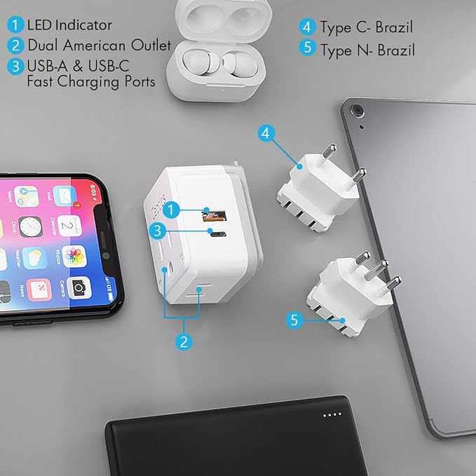Ceptics Brazil Power Plug Adapter Travel Set, 20W PD & QC, Safe Dual USB & USB-C 3.1A - 2 USA Socket - Compact & Powerful - Also Use in Peru, Chile - Includes Type C, Type N Swadapt Attachments