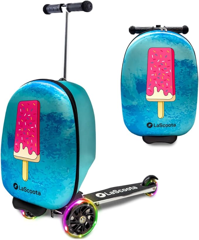 Lascoota Scooter Suitcase - Foldable 2-in-1 Luggage - LED Light Wheels & Lightweight Carry Luggage - Overhead-Ready Carry Suitcase for Kids - Ice Cream, 17.3 x 12.4 x 8.7 in