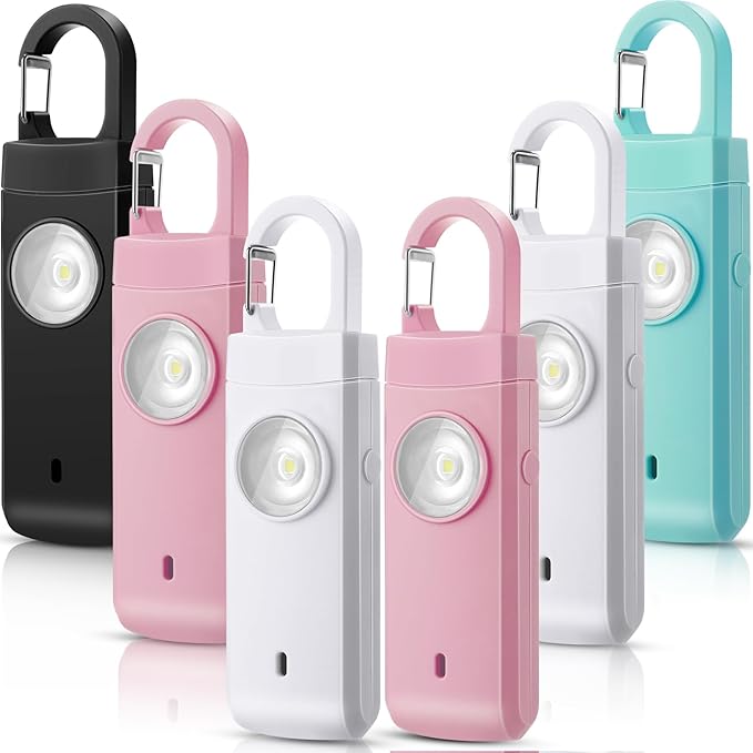 Tellegloww 6 Pcs Rechargeable Personal Safety Alarm for Women, 130db Personal Alarm Protection Keychains Loud Siren with LED Self Defense Keychain for Senior Mom Gift(White,Pink,Blue,Black,Snap)