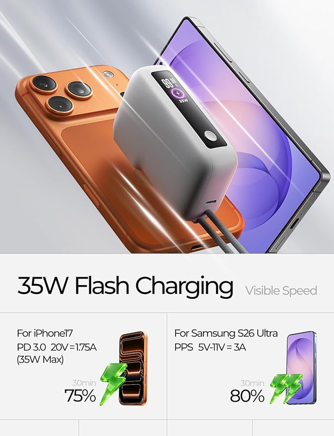 LISEN [Practical＆Lazy Design 3 in 1 Travel Essentials Power Bank，7000mAh 35W Fast Charging with Wall Plug and Build-in Cable for iPhone 17 16 15 Pro Max Plus,Samsung Galaxy,iPad,Android，Mint Green