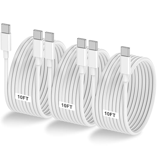LOFPYE 3-Pack 10FT 60W USB C to USB C Cable, Type C to Type C Cable,Fast Charging Cable for iPhone 16 15 Pro Plus Pro Max，for Galaxy S24 S23, for iPad Pro/Air, for MacBook Pro/Air and More