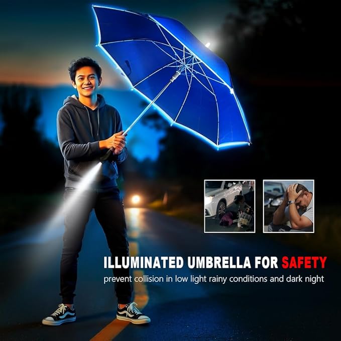Auto-Open Light Up LED Rain Umbrella,32" Handheld Sun Wind Umbrella with Bottom Flashlight and Safety Reflective Strip for All Ages Boys/Girls/Adults