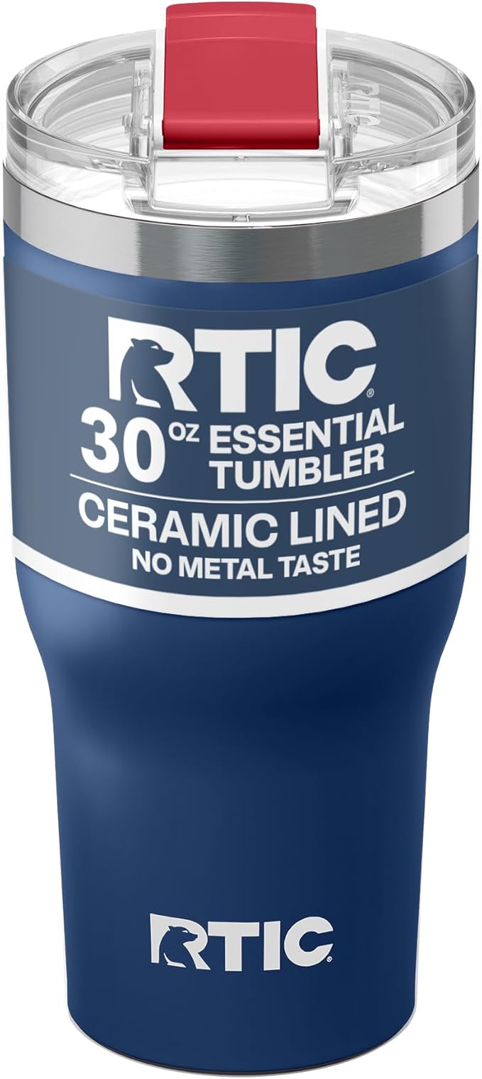 RTIC 30oz Essential Tumbler with Lid, Ceramic Lined, Insulated, Stainless Steel, Metal, Double Wall Vacuum-Insulation, Travel Cup for Iced Coffee, Tea, Hot and Cold Drink, Patriot