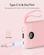 VRURC Portable Charger Power Bank, 10000mAh Travel Essentials Battery Pack, Compact USB C Charging Bank Built-in Cables Cords Compatible with iPhone 17 Pro 17 16 15 14 13,Samsung-Pink(1 Pack)