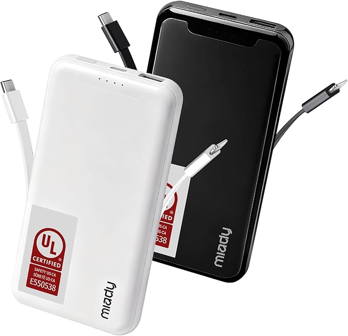 Miady [UL Listed] 2-Pack Portable Charger, 10000mAh Slim Power Bank Built-in 2 Cables Lightweight Travel Battery Pack 3 Outputs 2 Inputs Compatible with iPhone 17/16/15/14/13 Galaxy S24/S22 iPad etc