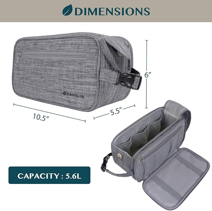 PAVILIA Toiletry Bag for Men, Travel Essentials Shaving Dopp Kit, Mens Travel Bag Toiletries Organizer Case for Grooming, PU Leather Water Resistant Cosmetic Bag Pouch (Heather Grey)
