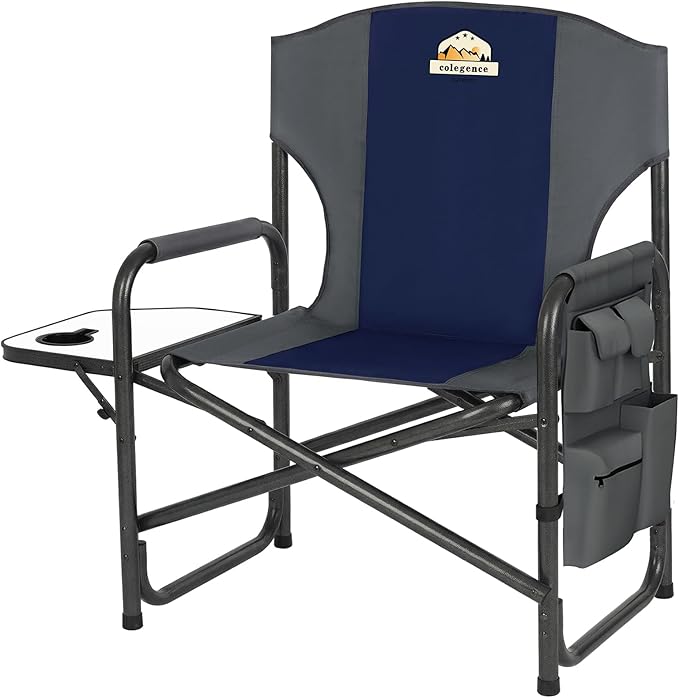 Colegence Oversized Directors Camping Chair Support 600 LBS, Heavy Duty Folding Outdoor Chairs with Detachable Side Pocket and Adjustable Side Table for Outside Beach,Lawn,Fishing (Blue)