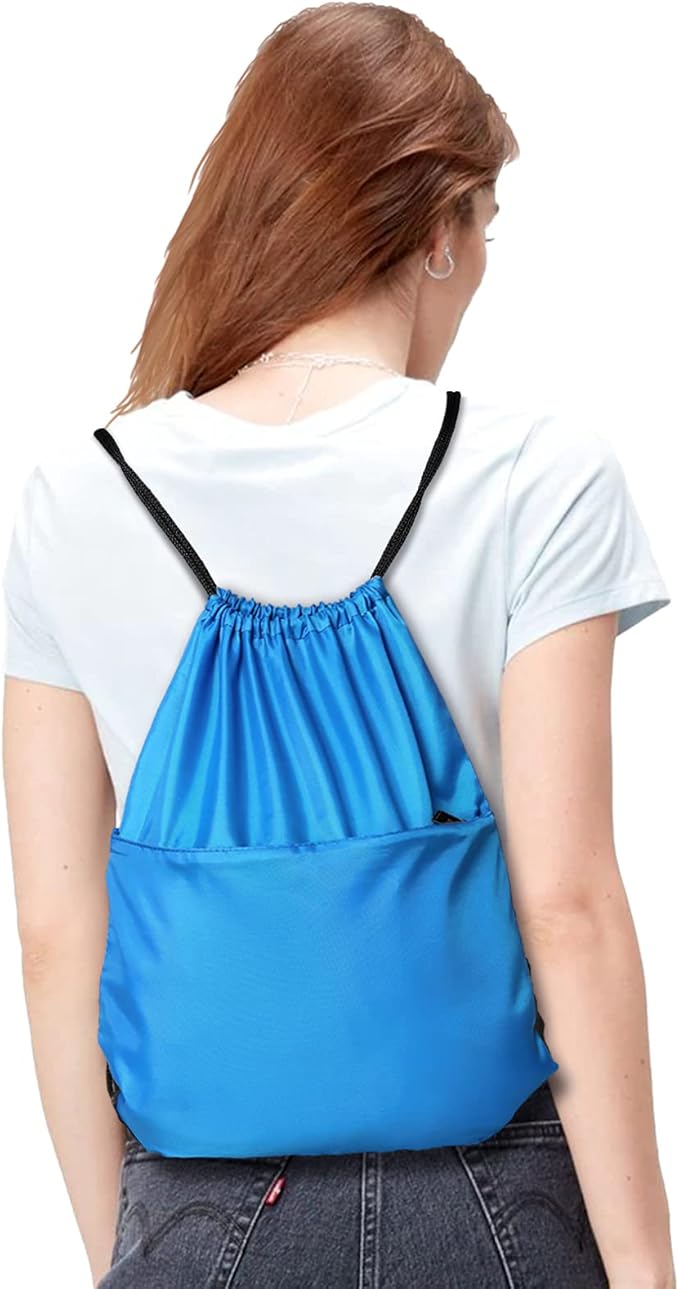 Drawstring Backpack Sports Water Resistant String Bag Sport Gym Sackpack for Women Men Large with Zipper, Neon Blue