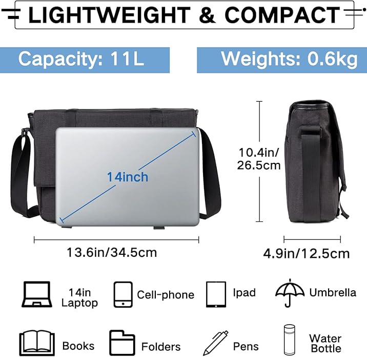 VASCHY Messenger Bag,Water Resistant Casual Lightweight Slim Crossbody Shoulder Bag for Men Women Work School for 14in Laptop