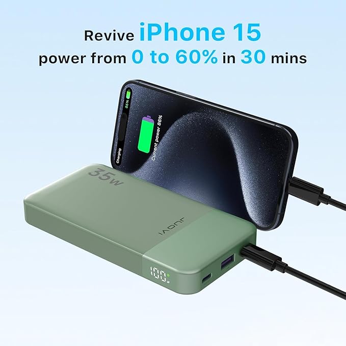 JUOVI Power Bank 10000mAh, 35W Portable Charger,Fast Charging Portable Battery Pack with PD 3.0 & QC 4.0, USB C Portable Power Bank for iPhone 15 14 13 Series, Galaxy, Tablet, and More（Green）