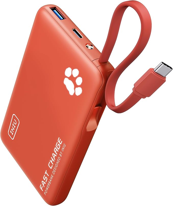 INIU Portable Charger, Slim 10000mAh Power Bank with Build in USB-C Cable, 45W Fast Charging Mini Battery Pack, Travel Trip Flight Cruise Ship Essentials for College Student Travelers Boy Girl, Orange
