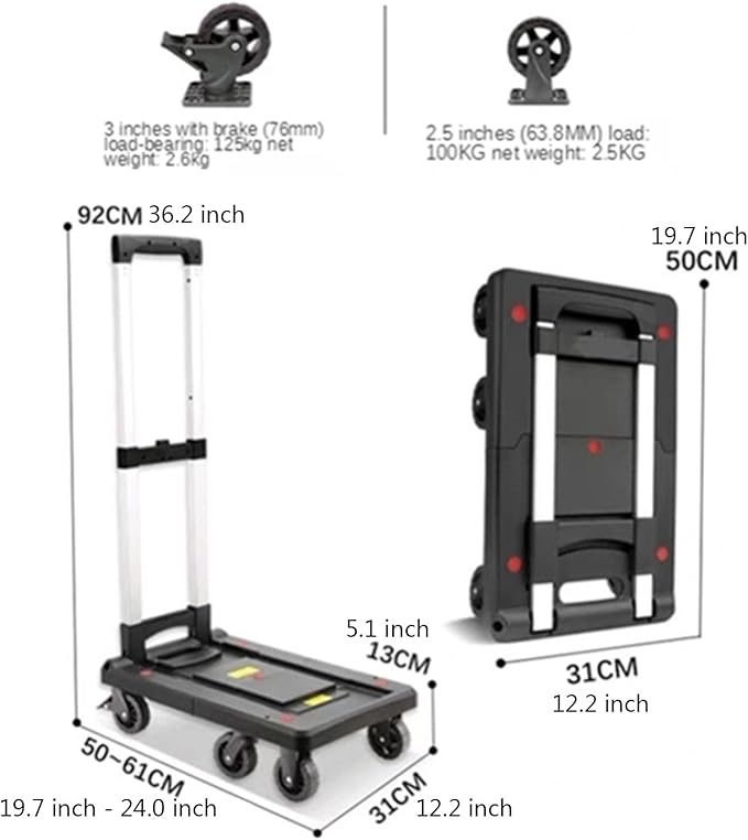 Foldable Push Hand Cart Folding Platform Truck Plastic Push Cart Heavy Duty Portable Trolley with Retractable Assis for Luggage Travel Moving Office Dolly Cart (Color : S