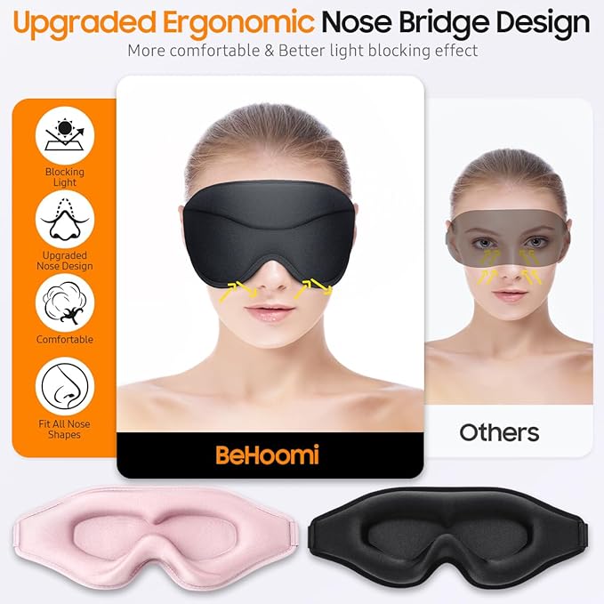 BeHoomi Sleep Mask, 2 Packs Premium Eye Mask for Sleeping, Total Blackout, Superior Soft Comfort, Upgraded 3D Ergonomic Designed Sleeping Mask for Home, Office, Travel, Meditation, Yoga, Black & Pink