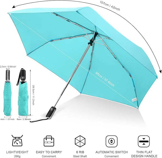 Compact Travel Umbrella for Purse - Flat Handle, Waterproof for Light Rain