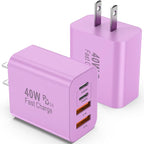USB C Charger Block, 2 Pack 40W 4-Port iPhone Charger Fast Charging Multiport PD 3.0 & QC 4.0 Double Quick Charge, Compatible with iPhone 17/16/15/14/13/12/11，Pro Max，iPad, Samsung (2, Purple)