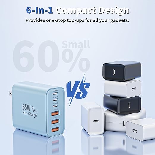 3Pack 65W USB C Charger Block,Apple USB C Charging Block 6-Port GaN Charger PD Power Adapter+QC Wall Plug Multiport Type C Box Brick for iPhone 17 17Air 16 15 14 13 12 11 Pro Max XS,iPad,AirPods,Blue