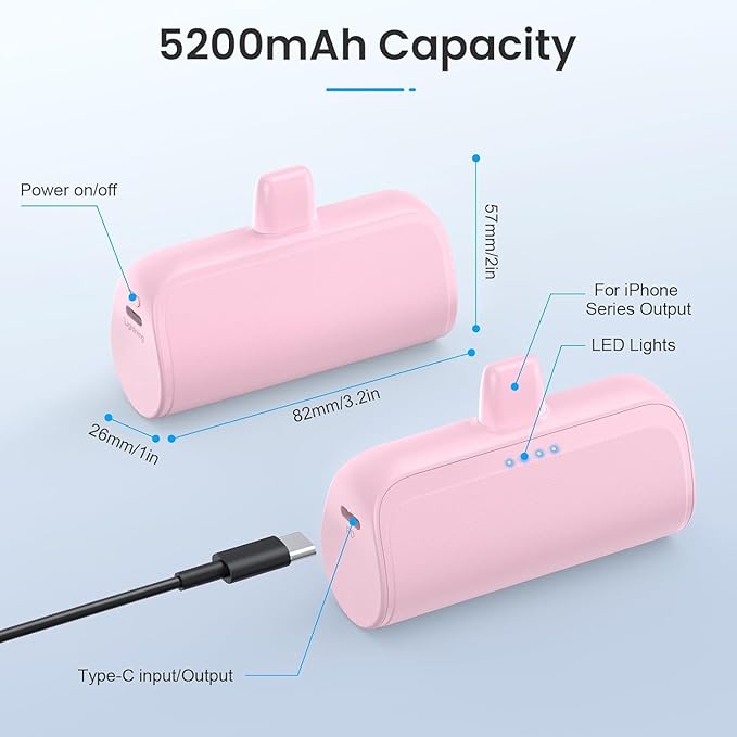 [2 Pack]Mini Portable Charger for iPhone,5200mAh Ultra-Compact Fast Charging Power Bank Cordless Cute Small Battery Pack Compatible with iPhone 14/14 Pro Max/13/12/11/XR/8/7/6(Pink+Light Green)