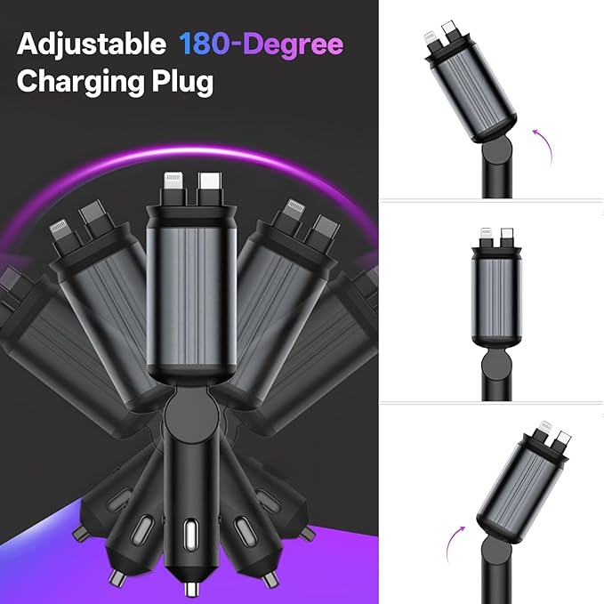 BERTHALESS Retractable Car Charger, 4 in 1 Fast Charging Car Charger USB-C & USB-A Compatible with iPhone 16/15/14/13/12/11,Galaxy,Pixel,with Red Starry Sky Light