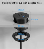 Desk Grommet Power Outlet, 2.5 inch Desktop Recessed Outlet with 20W Fast Charging USB-C Port, Flush Mount Outlet for Conference Rooms, Office Tables, Furniture (Black, 10FT)