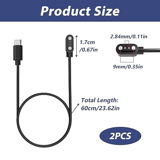 2 Pcs USB C Smart Watch Charger, 2-Pin 2.84 mm Magnetic Smartwatch Charging Cable, Replacement Charger Cord Compatible with Letsfit, YAMAY, Willful, UMIDIGI, Fitpolo, Blackview, Dirrelo, Lifebee