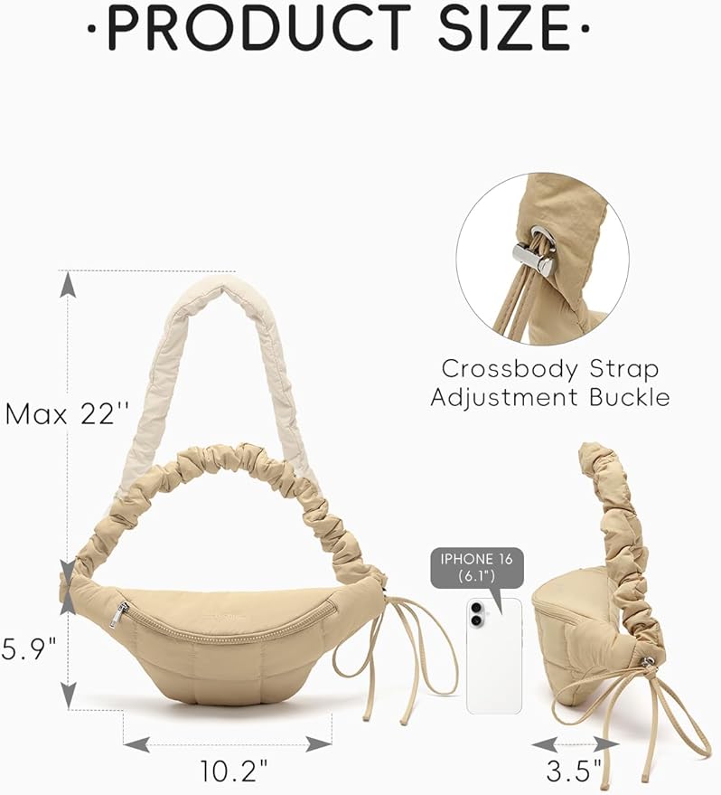 WESTBRONCO Puffer Fanny Packs for Women Small Crossbody Sling Bag, Nylon Quilted Belt Bag for Travel Hiking Running Waist Bag with Adjustable Strap