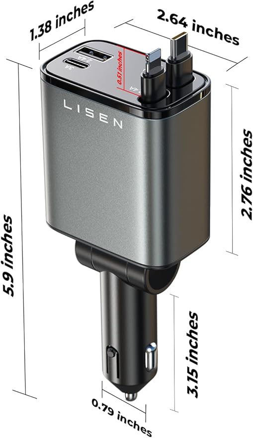 LISEN Retractable Car Charger, [2026 Upgrade 50 inch ] Long 4 in 1 Retractable Cable Car Charger, USB C Car Charger Fast Charging for iPhone 17 16 15 14 13 12 11 X Pro Max Plus Mini, Samsung S26 S25