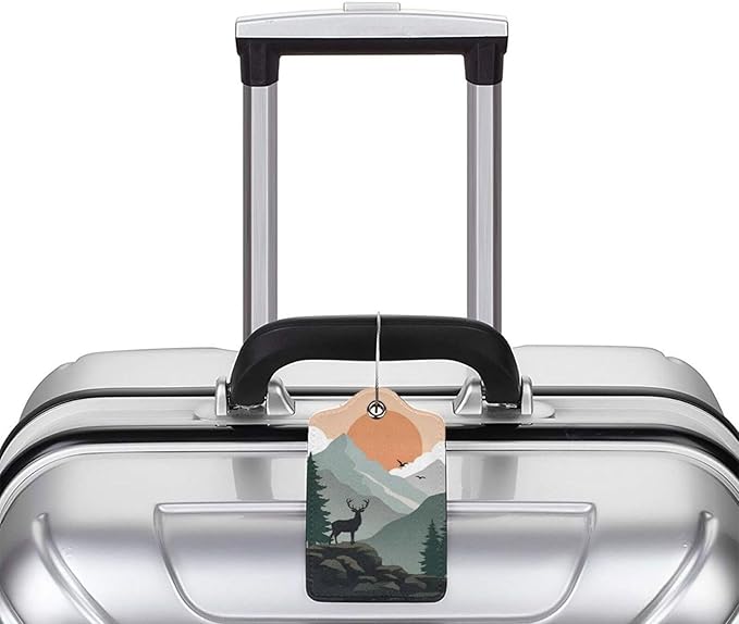 2 Pack Luggage Tags for Suitcases, PU Leather Bag Tag with Privacy Cover Address Card Travel Essentials-Sunrise Forest Deer