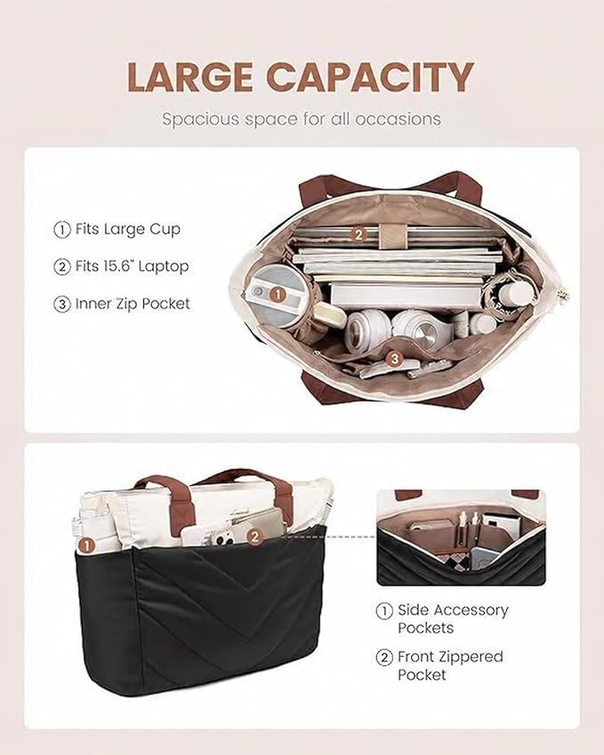 LOVEVOOK Tote Bag for Women, Puffer Work Travel Handbag with Zipper for Teacher Nurse, Quilted Cute Laptop Shoulder Gym Bag