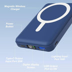 AOGUERBE for Magsafe Power Bank, 10000mAh Foldable Magnetic Battery Pack with LED Display, 3 in 1 Wireless Portable Charger with 22.5W Fast Charging for iPhone 17/16/15/14/13/12 Series-Dark Blue