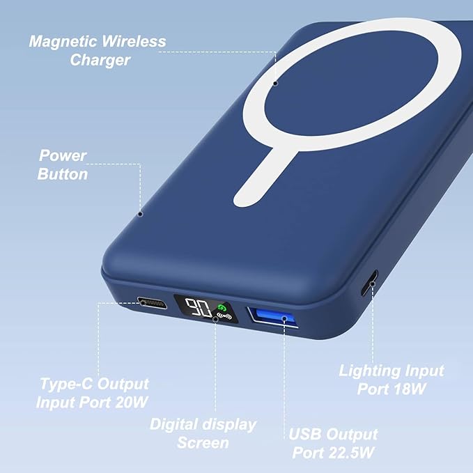AOGUERBE for Magsafe Power Bank, 10000mAh Foldable Magnetic Battery Pack with LED Display, 3 in 1 Wireless Portable Charger with 22.5W Fast Charging for iPhone 17/16/15/14/13/12 Series-Dark Blue