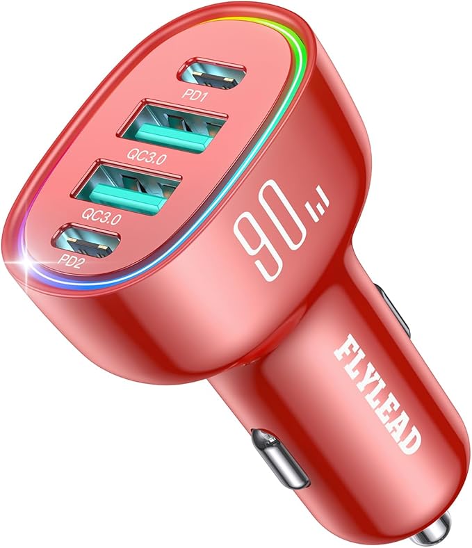 Car Charger USB C, 4 Port 90W Super Fast Charging for iPhone 17 Car Adapter, Dual PD 45W Type C & QC 3.0 USB A Multiport Car Cigarette Lighter Accessories for iPhone 16 15, iPad, Galaxy S26, Red
