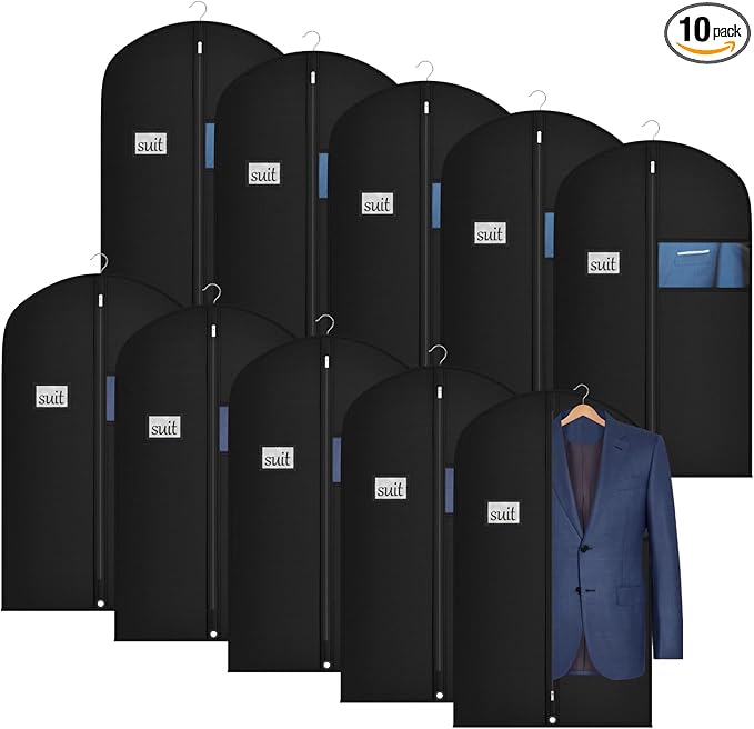 Univivi 10 Pack Suit Bags Garment Bag for Men Storage, 40-Inch Suit Bags for Closet Storage with Clear Window and ID Card Holder for Suit Jacket, Skirt, Shirt and Coat