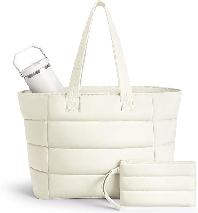 Puffer Tote Bag with Pouch,Women's Lightweight Quilted Shoulder Bag,15.6"/17.3" Laptop Travel Weekender for Work & Nurses