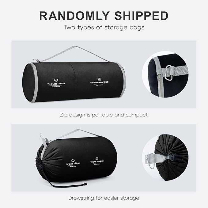 urnexttour Travel Pillow and Blanket Set Neck Pillows Travel Essentials with Sleep Mask for Airplane Car Memory Foam Black