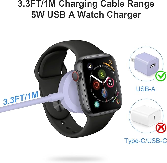 Fast Charger for Apple Watch Charger, Magnetic iWatch Charger to USB A Cable 3.3FT with USB A Wall Plug Adapter for Apple iWatch Series Ultra/10/9/8/7/6/SE/5/4/3/2 (Purple)