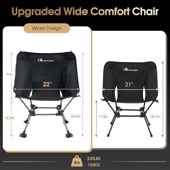 MOON LENCE High Back Folding Camping Chairs, Height-Adjustable, Widened Seat, for Beach with Anti-Sinking Feet (Black-Plus)