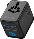 Universal Travel Adapter, International Travel Plug Adapter with 3 USB-C ＆ 2 USB-A Ports 70W, All in One Portable Socket, for USA, UK, EU, AU ＆ 224+ Countries (Black)