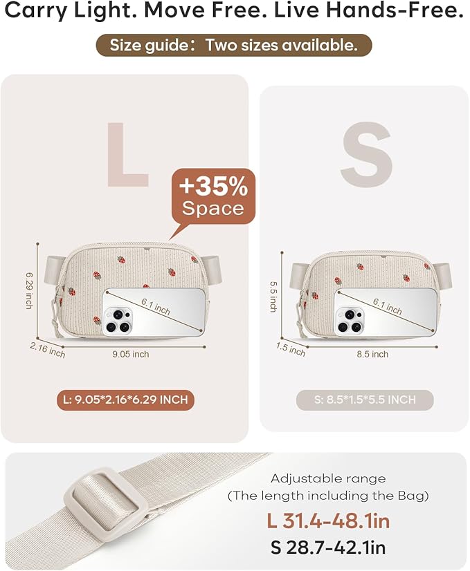 Pritent Fanny Packs for Women Cross Body Bag Waterproof Belt Bag with Adjustable Strap and Zipper Back Pocket Small Crossbody Bags Fashion Waist Packs for Workout Travelling(Strawberry Beige, Large)