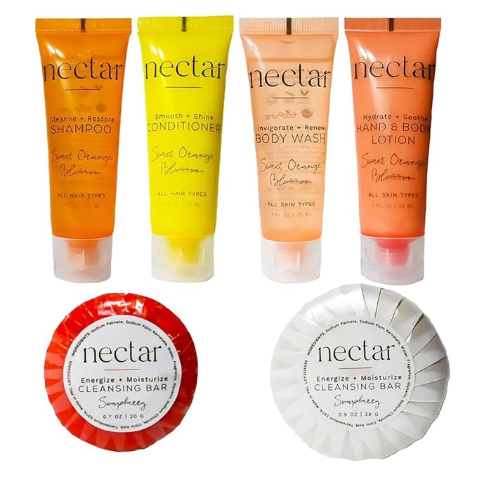 World Amenities Nectar Mini Travel Size Toiletries Bathroom Kit | Sweet Orange Blossom| Shampoo, Conditioner, Body Wash, Lotion, Two Round Cleansing Bars and Body Bar