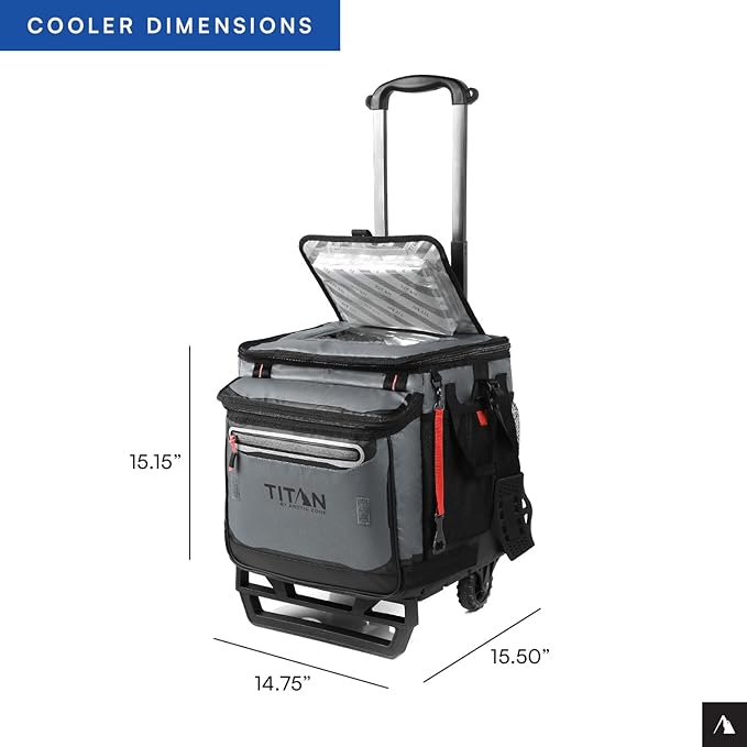 Titan by Arctic Zone Collapsible Wheeled Soft Sided Cooler with Detachable Rolling AT Cart, Insulated Bag with Leak Proof Lining, for Travel, Beach, Picnic, 60 Can Capacity