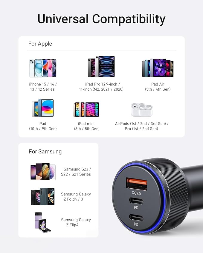 Car Charger for iPhone 17/17 Pro Max USB C Fast Charger,2Pack 90W 3-Port Charger Adapter for iPhone 16/16 Plus/16 Pro/16 Pro Max/15/14/Pro Max/AirPods4/ iPad Pro/Mini, (USB C to C Cable)