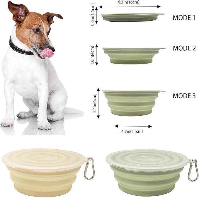 Medium Collapsible Dog Bowl 23oz,2 Pack Portable and Foldable Pet Travel Bowls with 2 Carabiners & Lids for Dogs Cats and Small Animals (Macaron Yellow+Green, 650ml)